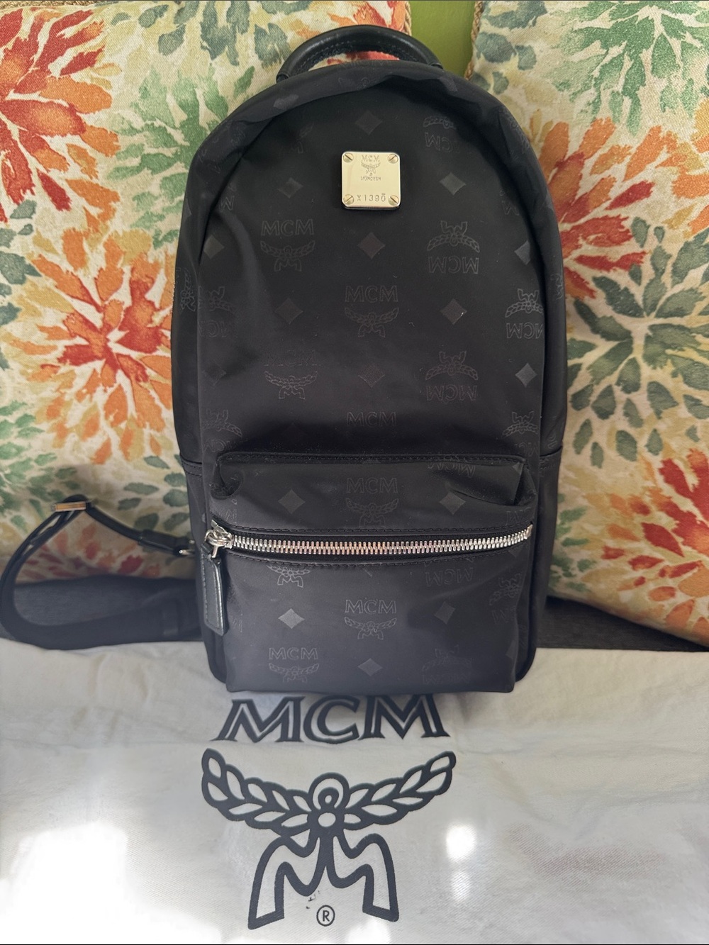 MCM Black Monogram Nylon Crossbody Backpack with Silver Hardware
